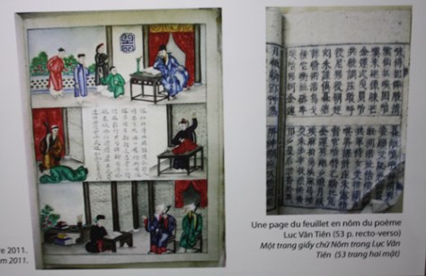 Ảnh bên trái là những hình màu minh họa, ảnh bên phải là một trong 53 trang giấy chữ Nôm in hai mặt tác phẩm Lục Vân Tiên.