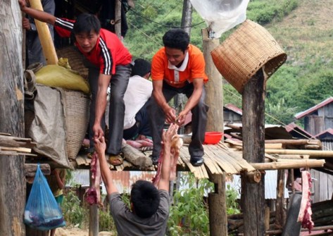 Lợn nhà trai mang sang được thịt, làm cỗ cho đám cưới và chia cho tất cả các gia đình trong bản để: “tất cả mọi người đều được ăn thịt cưới”.