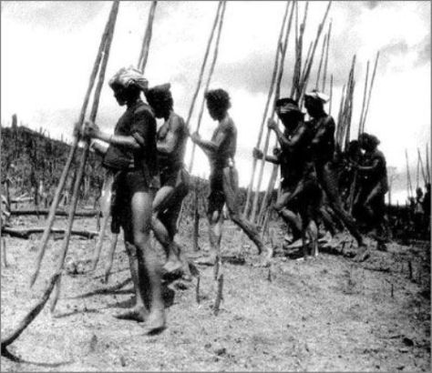 Vào mùa gieo hạt, đàn ông chọc lỗ bằng gậy. Đàn bà đi theo sau thả hạt giống. Ảnh Georges Condominas