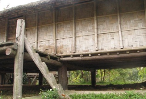 Cầu thang của ngôi nhà sàn khá chênh vênh chỉ với 1 thân gỗ.