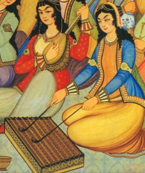 Phụ nữ chơi đàn Sanṭūr, một loại đàn gõ dulcimer trong bức tranh từ cung điện Hasht-Behesht,  Isfahan Iran, 1669.