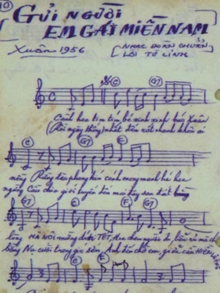 Bài hát Gửi Người Em Gái Miền Nam viết bằng tay của Đoàn Chuẩn - Ảnh: Tư liệu.