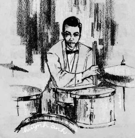 Tranh vẽ nhạc sĩ Huỳnh Anh và dàn trống của ông.
