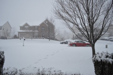Tuyết bắt đầu rơi, chiều thứ sáu, Jan. 23, 2016. Trước hiên nhà, mấy căn nhà trước mặt là nhà hàng xóm, chiếc xe đỏ là xe của mình đậu ngoài đường.