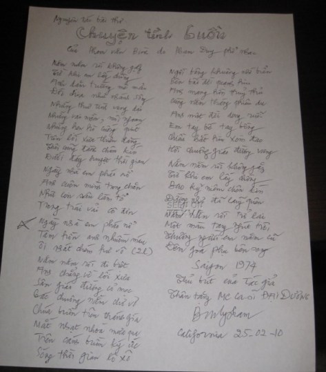 Nguyên tác bài thơ "Chuyện Tình Buồn" của Thi sĩ Phạm Văn Bình.