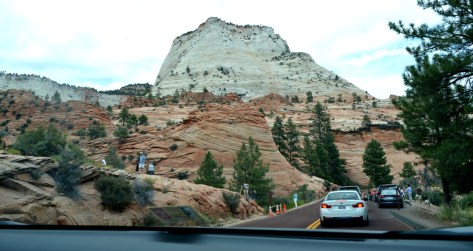 Đi tiếp một đoạn nữa bổng dưng thấy bao du khách lên xuống dốc đá hai bên đường vui quá. Nhìn kỷ lại thì ra là có mấy chú Desert Bighorn Sheep đang dạo chơi bên đường. 