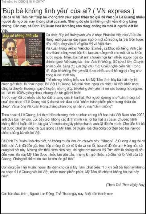 Hình ảnh tờ báo hàng đầu Việt Nam đưa tin khi Mỹ Tâm vi phạm tác quyền ca khúc 'Búp bê không tình yêu'